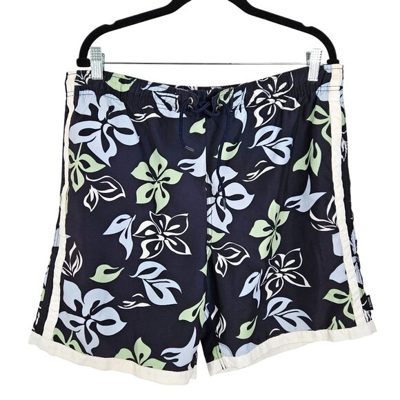 Nautica Mens Size M Floral Tropical Swim Trunks Navy & Green Mesh Lining Beach - Picture 1 of 11